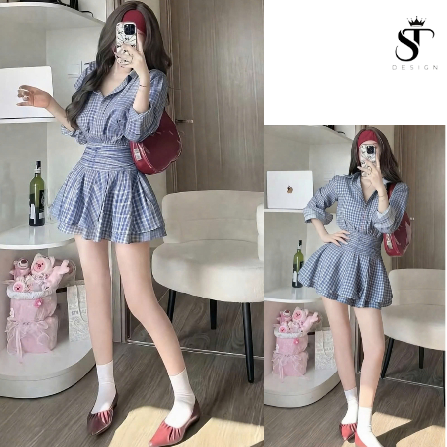 Váy sơ mi phối kẻ  nhún eo xếp ly 2 tầng - ST Design - 70