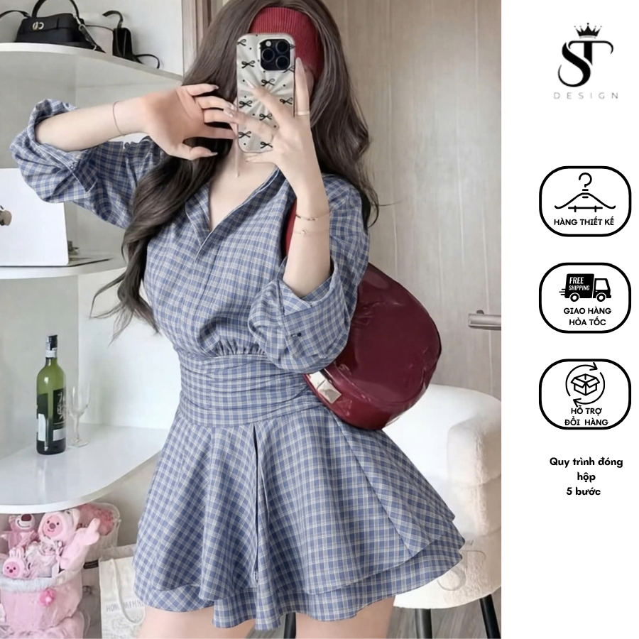 Váy sơ mi phối kẻ  nhún eo xếp ly 2 tầng - ST Design - 70