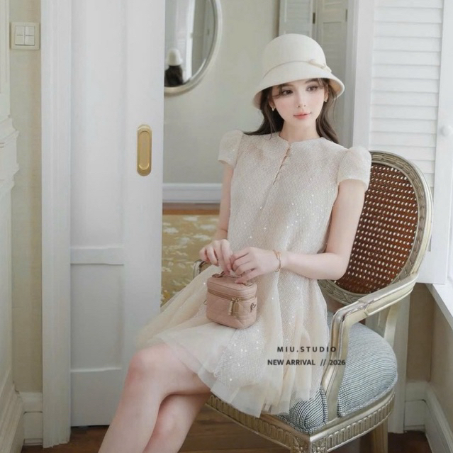 Váy thiết kế kim sa cao cấp dáng A ngắn xoè tiểu thư , Đầm nữ cổ sen tay bồng phối chân voan bồng xoè sang chảnh