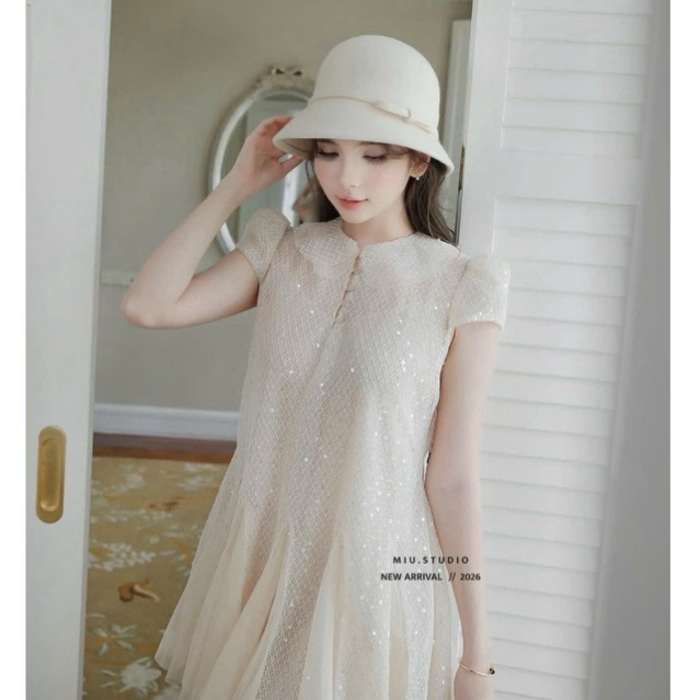 Váy thiết kế kim sa cao cấp dáng A ngắn xoè tiểu thư , Đầm nữ cổ sen tay bồng phối chân voan bồng xoè sang chảnh