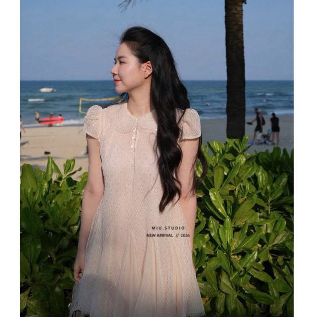 Váy thiết kế kim sa cao cấp dáng A ngắn xoè tiểu thư , Đầm nữ cổ sen tay bồng phối chân voan bồng xoè sang chảnh