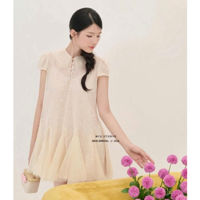 Váy thiết kế kim sa cao cấp dáng A ngắn xoè tiểu thư , Đầm nữ cổ sen tay bồng phối chân voan bồng xoè sang chảnh