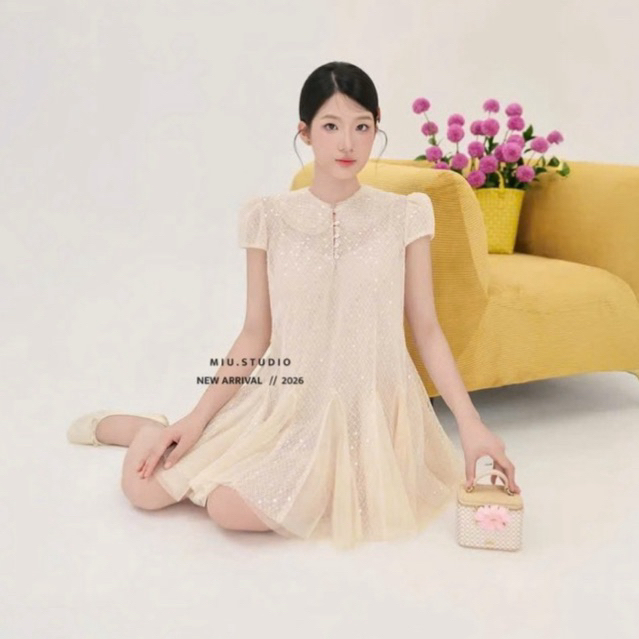 Váy thiết kế kim sa cao cấp dáng A ngắn xoè tiểu thư , Đầm nữ cổ sen tay bồng phối chân voan bồng xoè sang chảnh