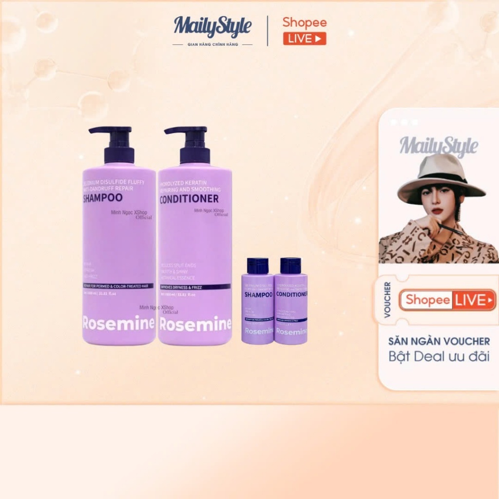 Q62_ [Kèm quà] Combo gội xả Rosemine 1000ml (chai tím) +  kèm set gội xả mini 50ml