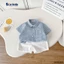 Bộ sơ mi kẻ cổ trụ công tử bé trai, set sơ mi cộc tay bảnh bao cho bé H0725B49