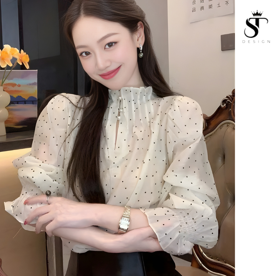 Áo sơ mi tơ dài tay bo gấu xếp ly cổ cài nút ngọc ( TẶNG KÈM ÁO 2 DÂY) - ST Design - k68
