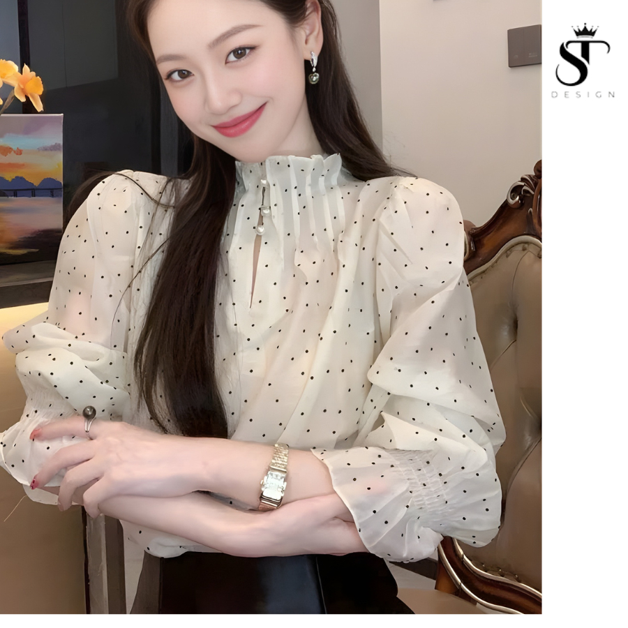Áo sơ mi tơ dài tay bo gấu xếp ly cổ cài nút ngọc ( TẶNG KÈM ÁO 2 DÂY) - ST Design - k68