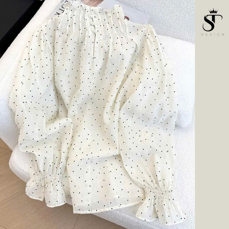 Áo sơ mi tơ dài tay bo gấu xếp ly cổ cài nút ngọc ( TẶNG KÈM ÁO 2 DÂY) - ST Design - k68