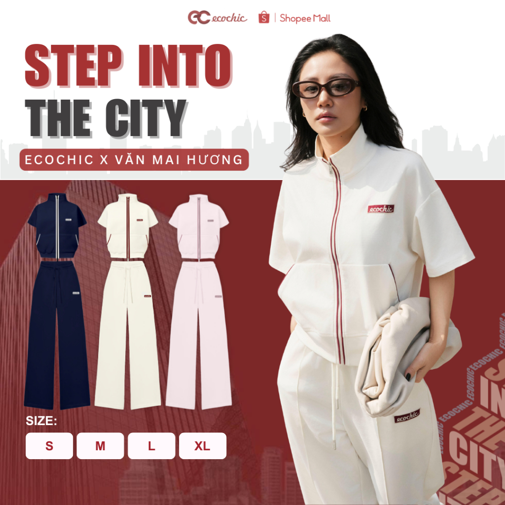Set Bộ Ngắn Tay ECOCHIC Áo Crop Khoá Kéo Phối Line Quần Ống Suông Cao Cấp Mềm Mịn B230