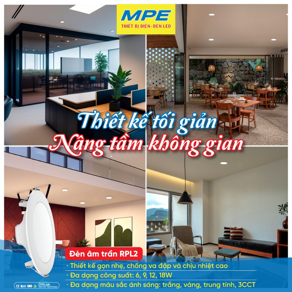 Đèn led âm trần MPE, led panel RPL2 thiết kế siêu mỏng, dễ lắp đặt, đèn led panel âm trần tròn 6W/9W/12W/18W, led âm trầ