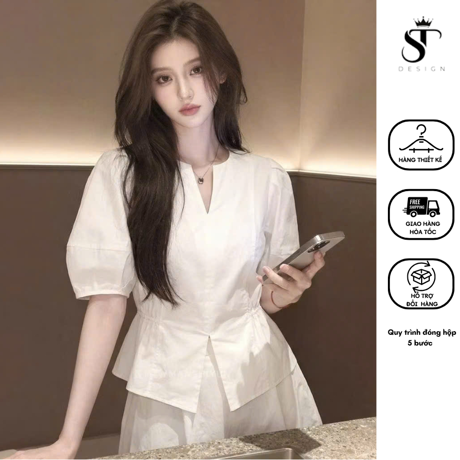 Áo sơ mi chất Thô Nhật nhún eo xẻ tà phối điệu - ST Design - 67