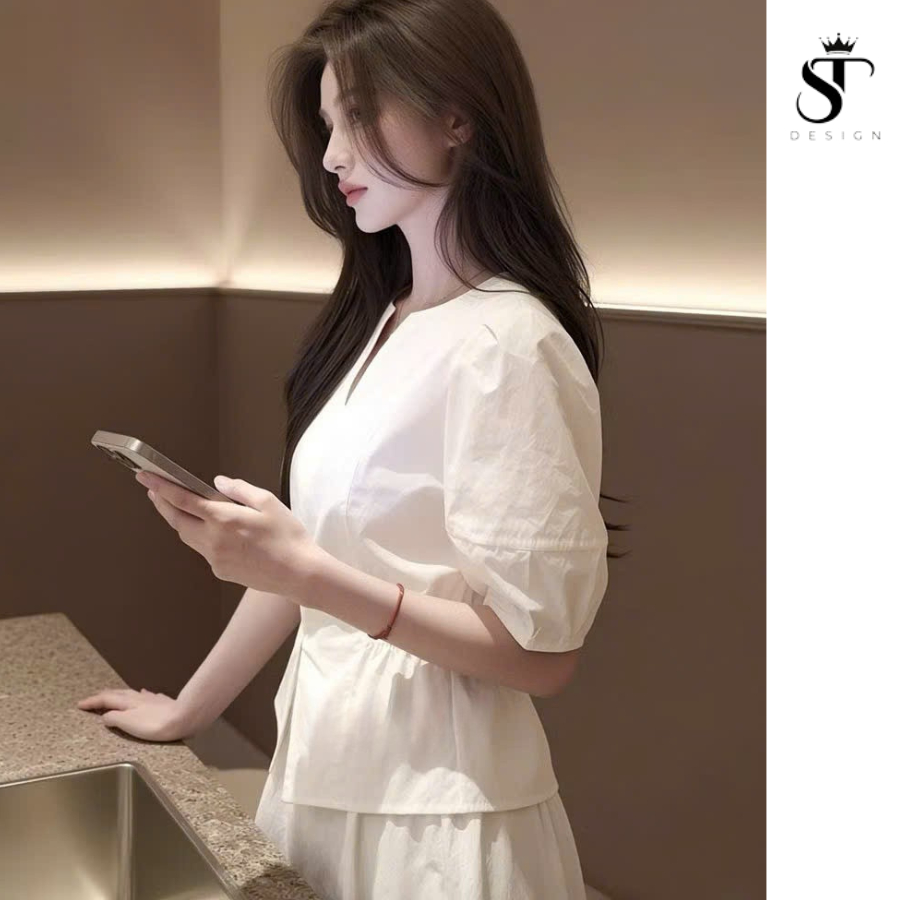 Áo sơ mi chất Thô Nhật nhún eo xẻ tà phối điệu - ST Design - 67