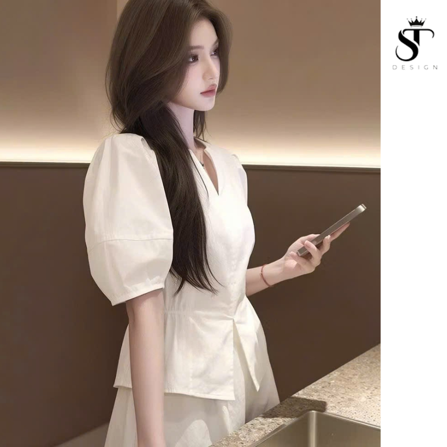 Áo sơ mi chất Thô Nhật nhún eo xẻ tà phối điệu - ST Design - 67