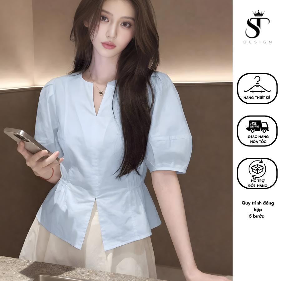 Áo sơ mi chất Thô Nhật nhún eo xẻ tà phối điệu - ST Design - 67