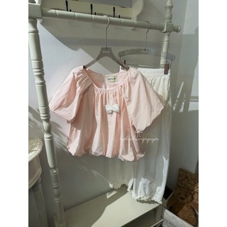 Set Bộ Đồ Nữ Thô Mềm Áo Màu Hồng Chấm Bi Cổ Tròn Tay Bồng Gấu Bí Phồng Mix Quần Sài Ống Rộng Bèo Gấu