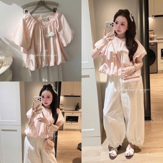 Set Bộ Đồ Nữ Thô Mềm Áo Màu Hồng Chấm Bi Cổ Tròn Tay Bồng Gấu Bí Phồng Mix Quần Sài Ống Rộng Bèo Gấu