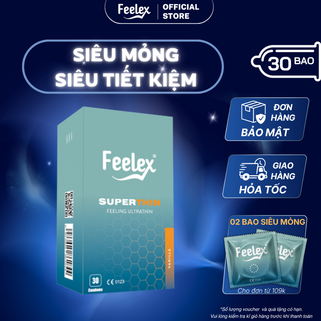 Bao cao su siêu mỏng Hộp 30 chiếc Feelex Superthin ôm sát nhiều gel tăng khoái cảm đa dạng mùi hương - 1