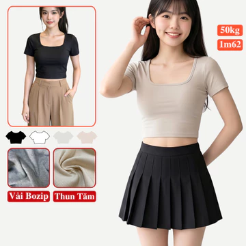 Áo Croptop Thun Trơn Basic Cổ Vuông Ngắn Tay Nữ Madela Dáng Ôm Body, Áo Thun Croptop Cổ Vuông Nữ Vải Mềm Co Giãn