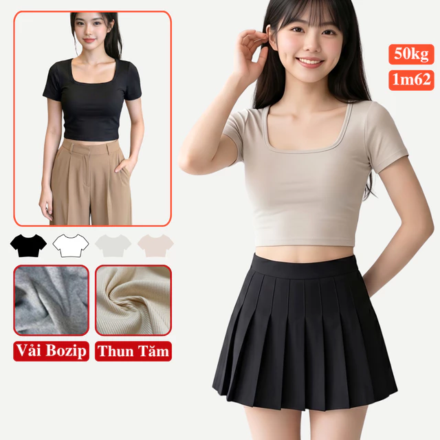 Áo Croptop Thun Trơn Basic Cổ Vuông Ngắn Tay Nữ Madela Dáng Ôm Body, Áo Thun Croptop Cổ Vuông Nữ Vải Mềm Co Giãn