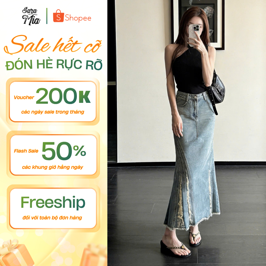 Chân váy đuôi cá dài chữ A SARAMIA váy jean bò dáng xòe cạp cao che bụng màu xanh V14 | BigBuy360 - bigbuy360.vn