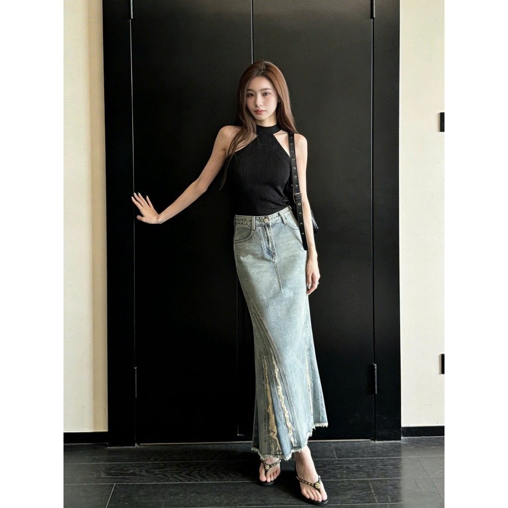 Chân váy đuôi cá dài chữ A SARAMIA váy jean bò dáng xòe cạp cao che bụng màu xanh V14 | BigBuy360 - bigbuy360.vn
