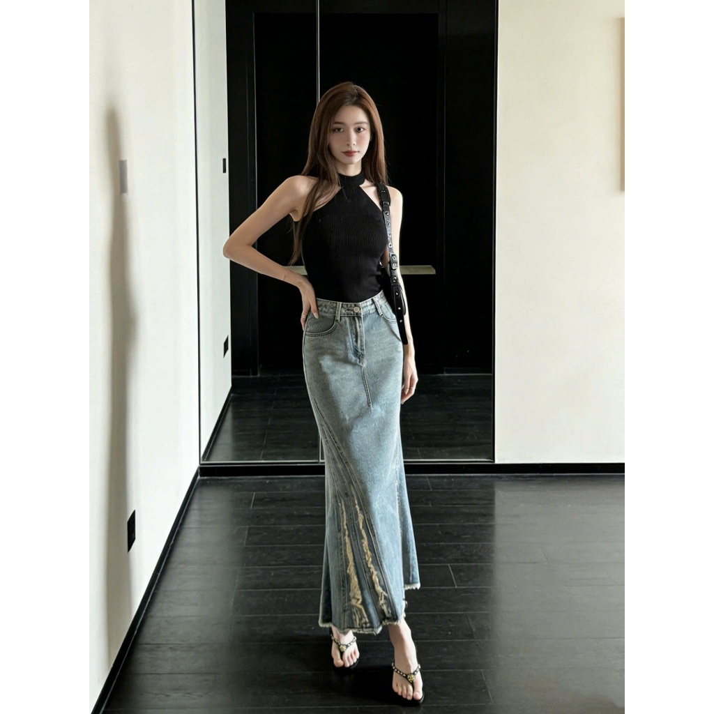 Chân váy đuôi cá dài chữ A SARAMIA váy jean bò dáng xòe cạp cao che bụng màu xanh V14 | BigBuy360 - bigbuy360.vn