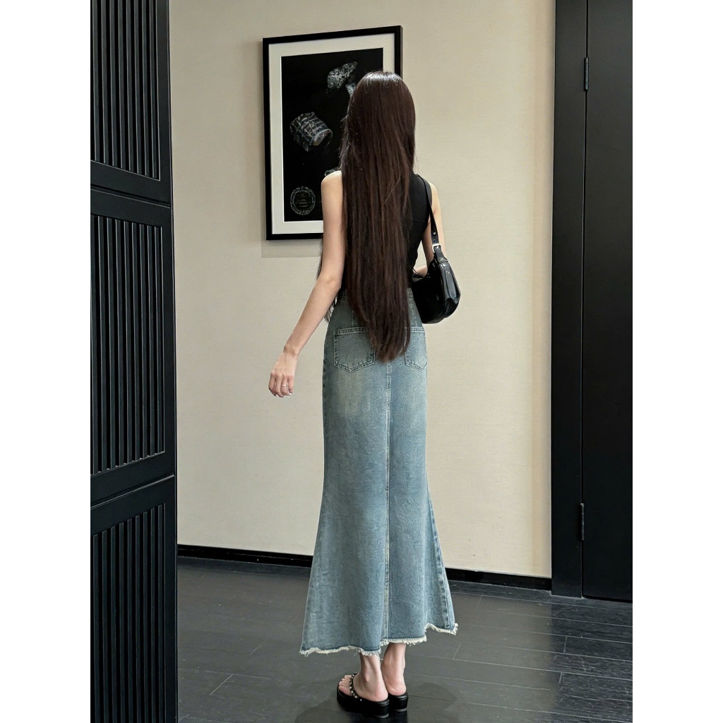 Chân váy đuôi cá dài chữ A SARAMIA váy jean bò dáng xòe cạp cao che bụng màu xanh V14 | BigBuy360 - bigbuy360.vn