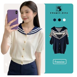 Áo len mongtoghi kiểu ngắn tay, cài cúc, phối cổ, co dãn Twenty.5- 6260