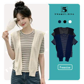 Áo Len Nữ Ngắn Tay Twentyfive Kẻ Sọc Kèm Vạt, Áo Len Nữ Phong Cách Hàn Quốc Dễ Phối Đồ, Chất Len Mềm Mịn Co Giãn 6992