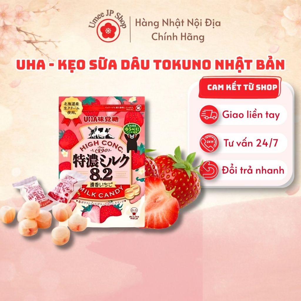 Kẹo sữa dâu UHA TOKUNO Nhật Bản gói 58g - Hàng Nội Địa Nhật