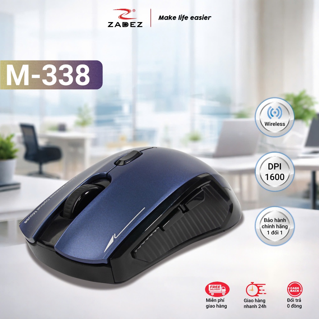 Chuột Không Dây ZADEZ M-338 - Cảm Biến PixArt, 1600DPI, Thiết Kế Ergonomic