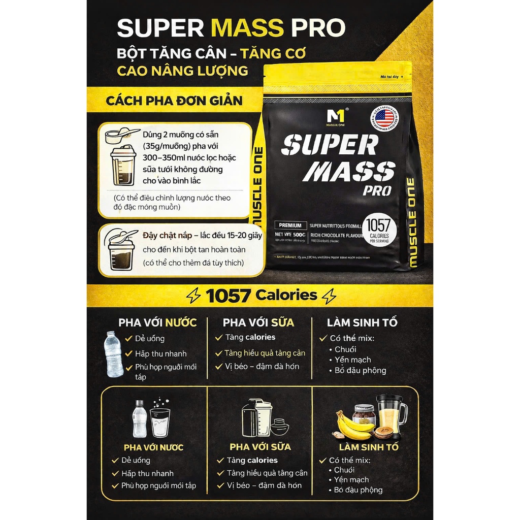 Bột sữa tăng cân cho người gây - Super Mass M1 hỗ trợ tăng cơ Túi + quà tặng