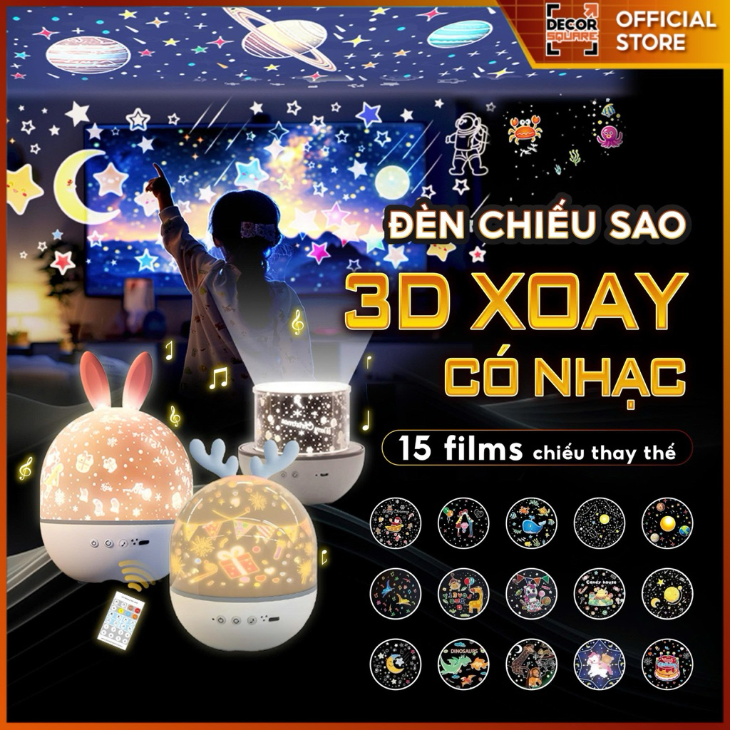 Đèn Ngủ Chiếu Sao 3D Xoay Tự Động DecorSquare: Có 8 Bản Nhạc, Remote,15 Phim Chiếu - Quà Tặng Bé Yêu