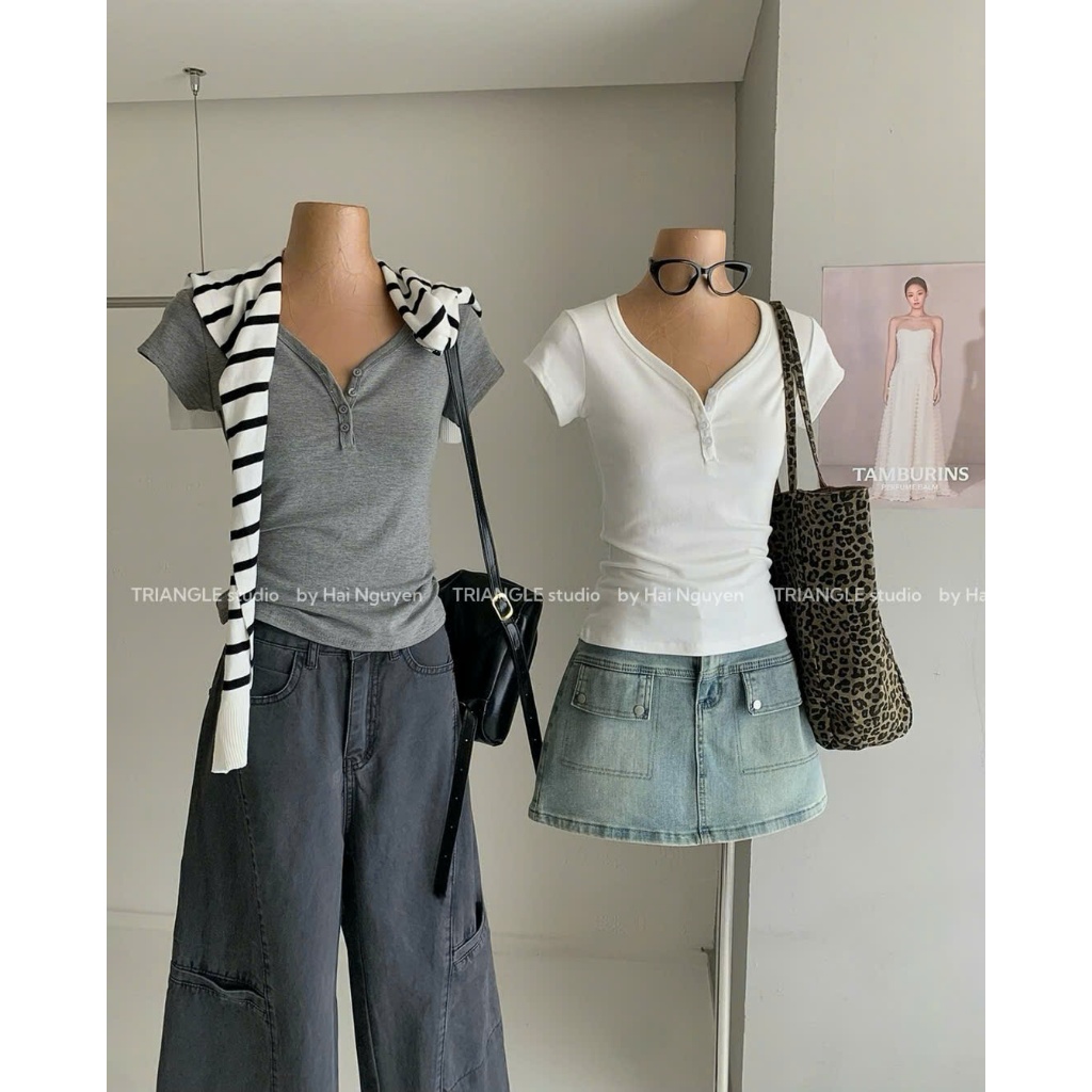 TRIANGLE - Basic T-shirt (Cân nhắc kỹ, return is not welcomed) Áo thun trơn dáng ôm basic style Hàn dễ mặc