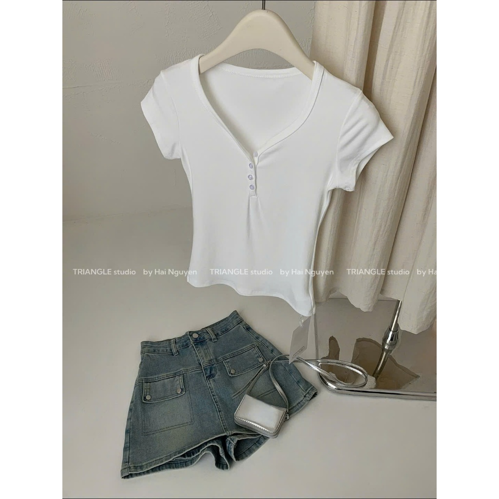 TRIANGLE - Basic T-shirt (Cân nhắc kỹ, return is not welcomed) Áo thun trơn dáng ôm basic style Hàn dễ mặc