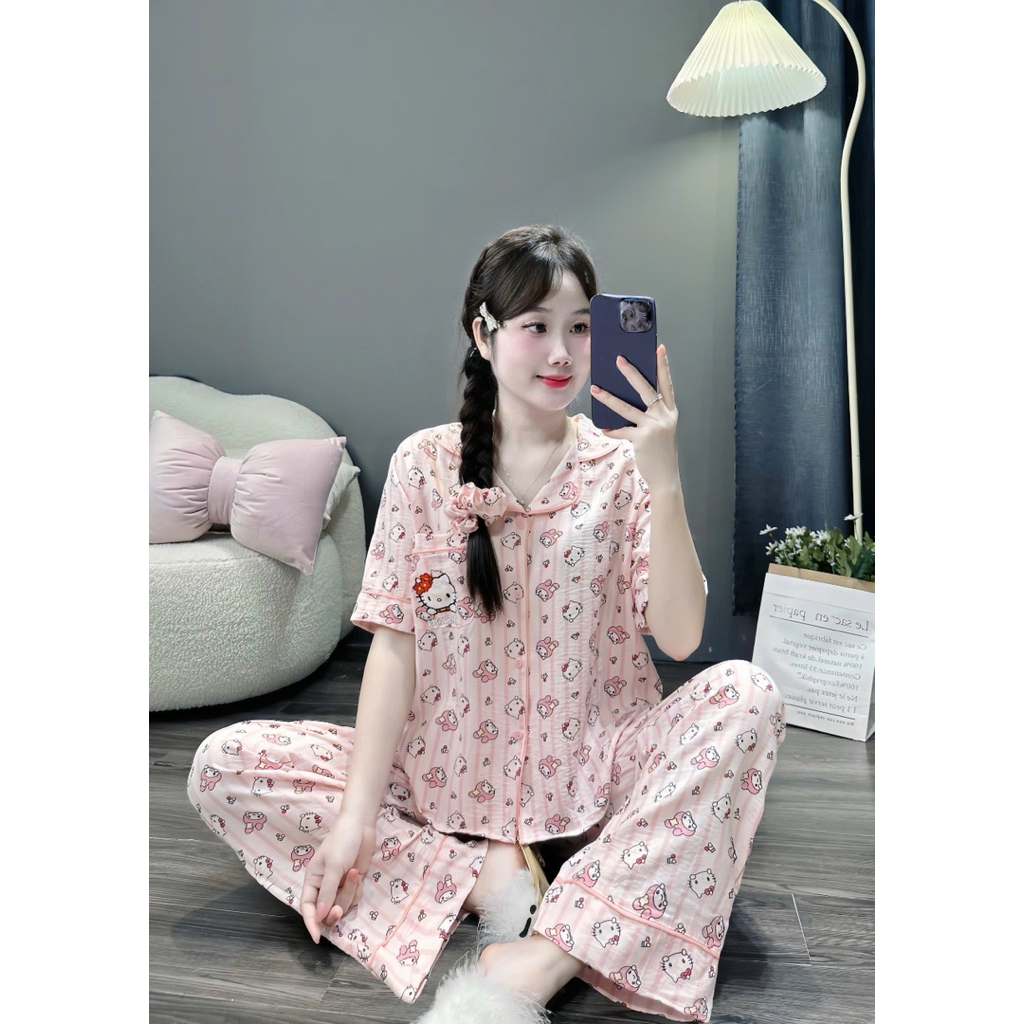 Bộ Đũi Pyjama Tay Ngắn Quần Dài Kèm Cột Tóc Cute