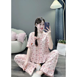 Bộ Đũi Pyjama Tay Ngắn Quần Dài Kèm Cột Tóc Cute