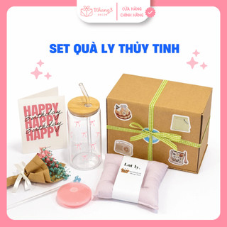 Hộp Quà Ly Thủy Tinh Nắp Gỗ Full Set - Quà Tặng Bạn Gái, Sinh nhật | Set Quà Cute dễ thương