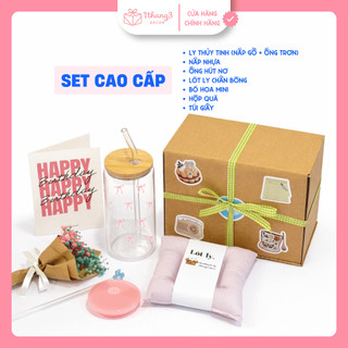 Hộp Quà Ly Thủy Tinh Nắp Gỗ Full Set - Quà Tặng Bạn Gái, Sinh nhật | Set Quà Cute dễ thương