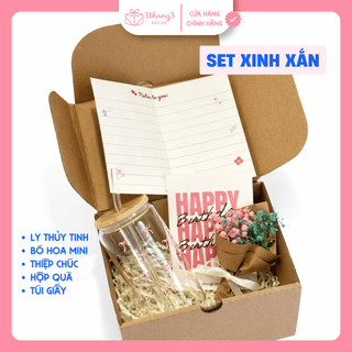 Hộp Quà Ly Thủy Tinh Nắp Gỗ Full Set - Quà Tặng Bạn Gái, Sinh nhật | Set Quà Cute dễ thương