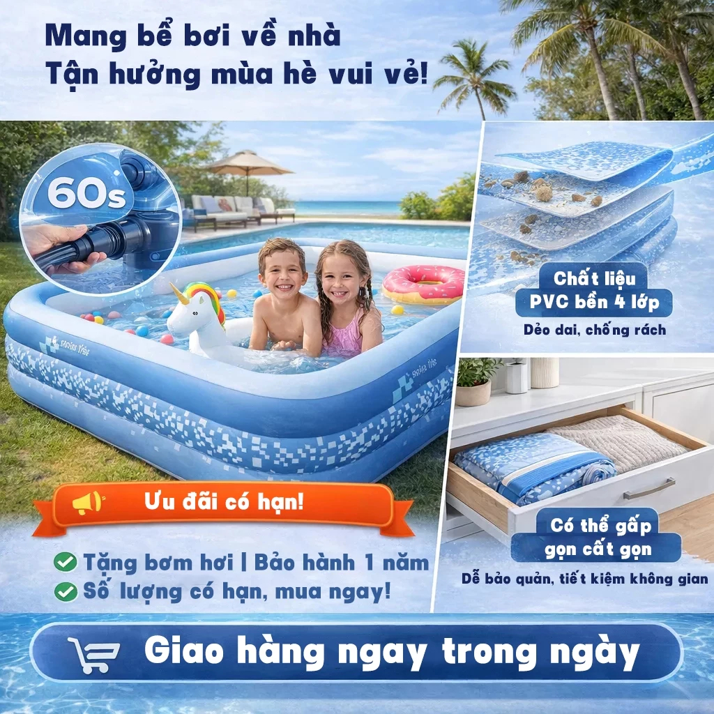 Bể bơi cho bé Beige, Vật liệu dày, chống thấm dày, Thiết kế gấp gọn,hồ bơi cho bé tại nhà