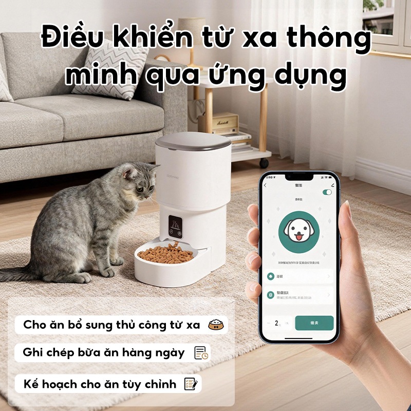 Bát đơn 5L WiFi Máy cho mèo ăn tự động thông minh cho thú cưng chó mèo Hẹn giờ và định lượng