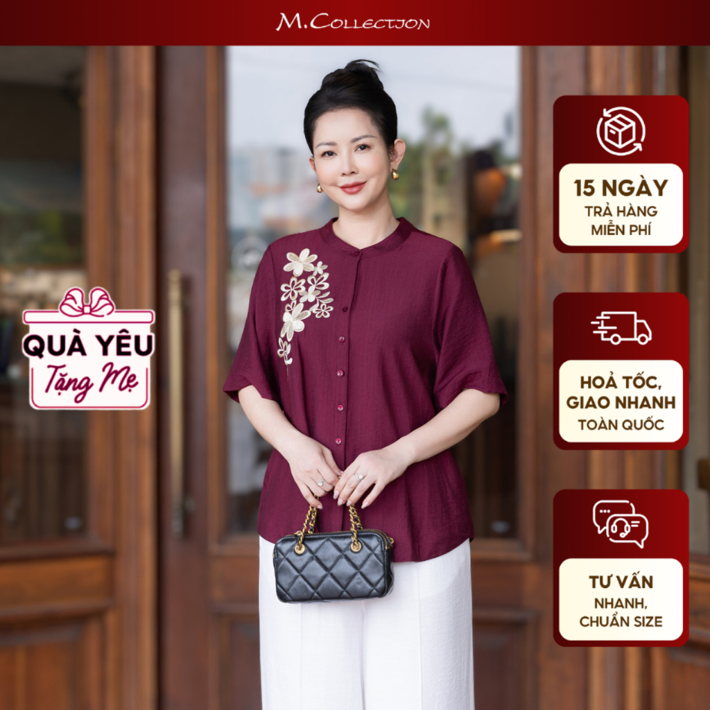 M COLLECTION | Áo Sơ Mi Kiểu Nữ Trung Niên Tặng Mẹ, Bà Vải Lụa Hàn Cổ Tròn Tay Ngắn Thêu Hoa A13634