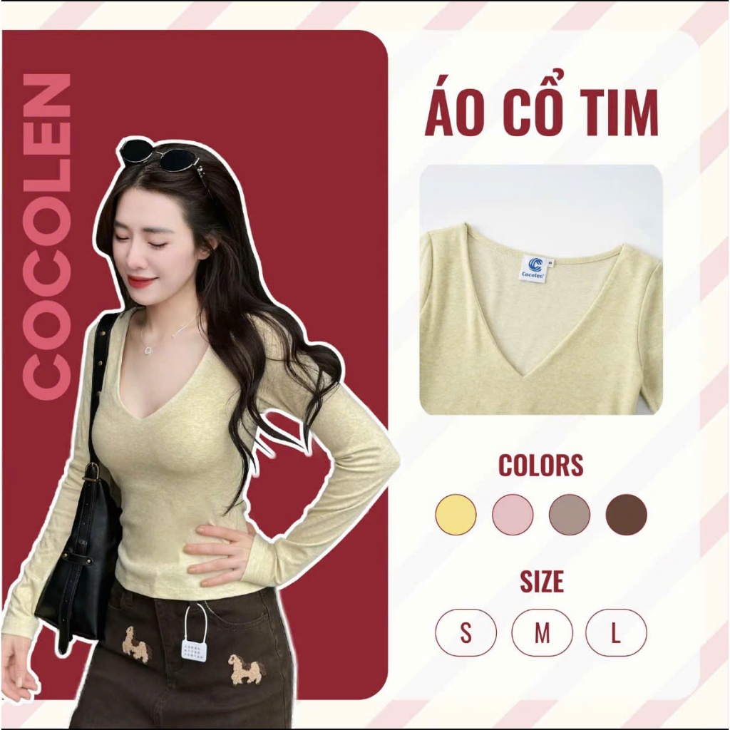 Áo Cổ Tim COCOLEN - Chất Liệu Cotton Sợi Muối Tiêu - Form Ôm Tôn Dáng - Cố Tim Gợi Cảm A067