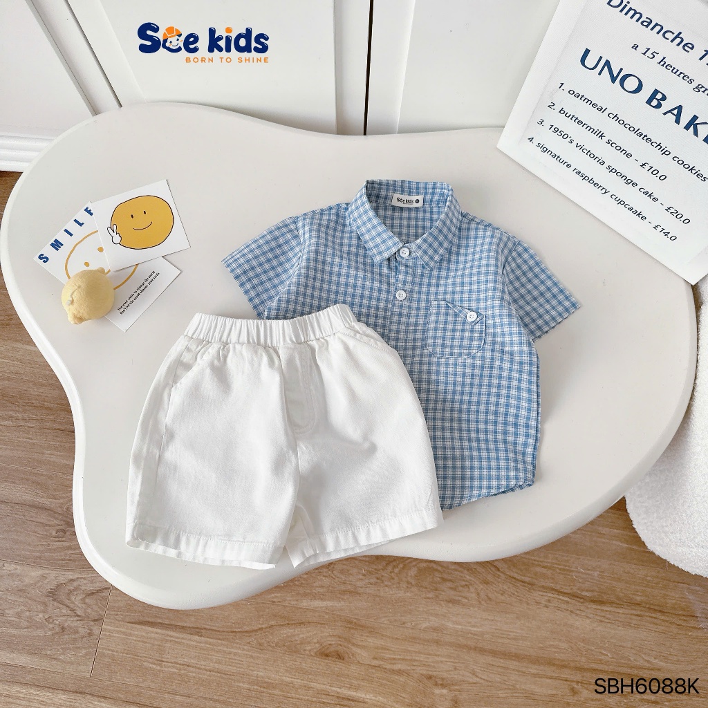 Bộ sơ mi cổ đức kẻ xanh quần trắng bé trai, set sơ mi cộc túi lệch phối quần kaki đẹp