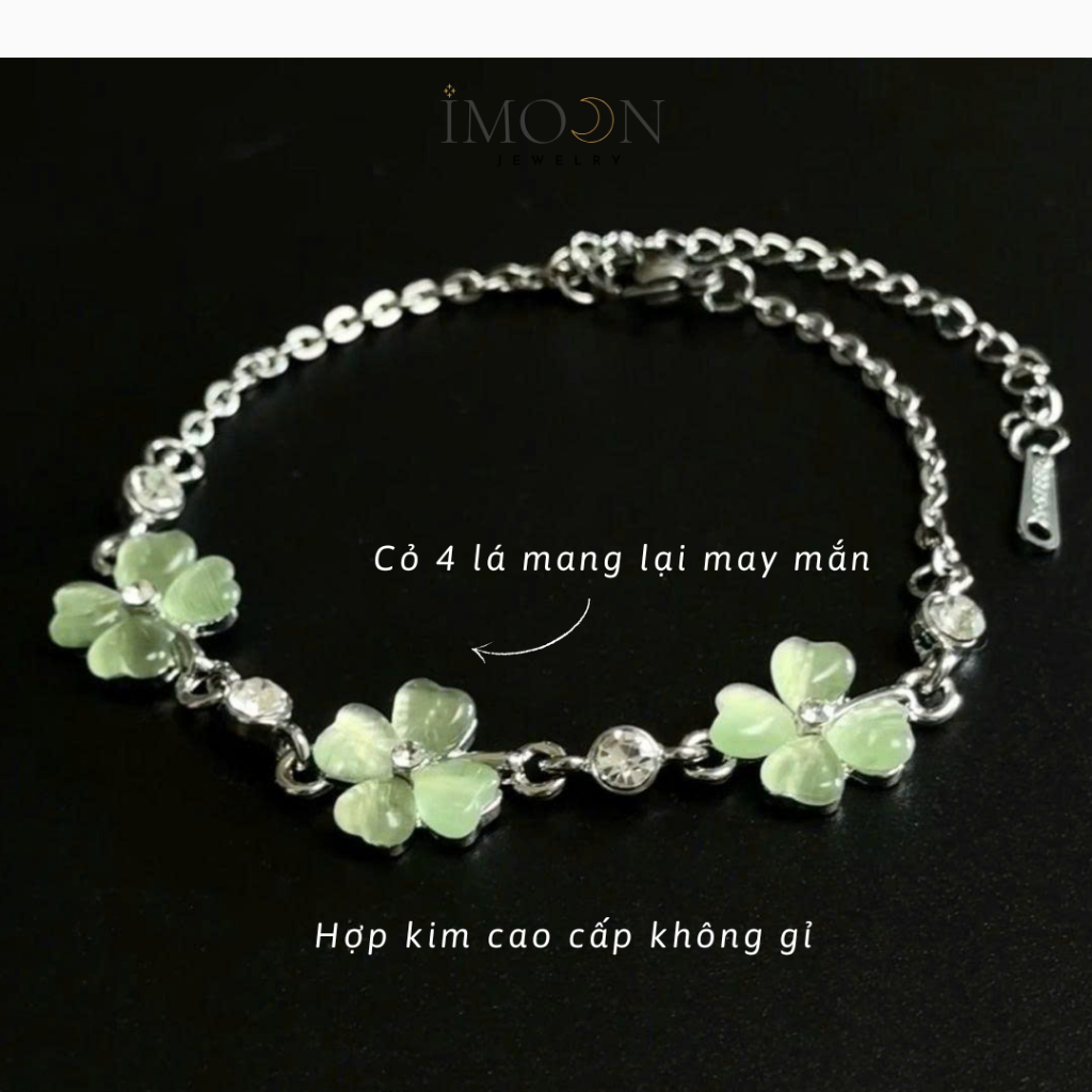 Lắc tay nữ cỏ 4 lá phong thuỷ may mắn, vòng tay nữ charm đá xanh hợp kim cao cấp Imoon Jewelry