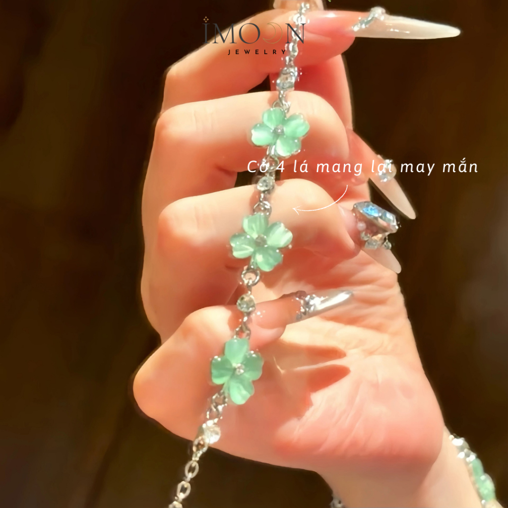 Lắc tay nữ cỏ 4 lá phong thuỷ may mắn, vòng tay nữ charm đá xanh hợp kim cao cấp Imoon Jewelry