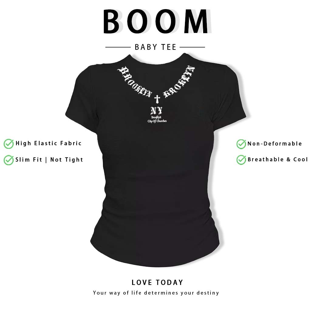BOOM Áo Baby Tee Nữ Cotton Ôm Body-Áo Thun Ngắn Tay Y2K In Hình PhongCách Mùa Hè, Cổ Tròn Hàng Đầucách hàn quốc phong#63