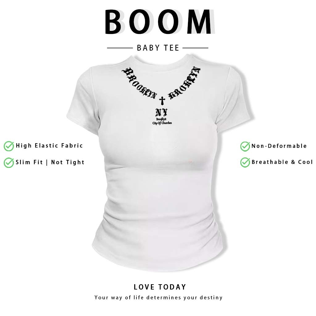 BOOM Áo Baby Tee Nữ Cotton Ôm Body-Áo Thun Ngắn Tay Y2K In Hình PhongCách Mùa Hè, Cổ Tròn Hàng Đầucách hàn quốc phong#63