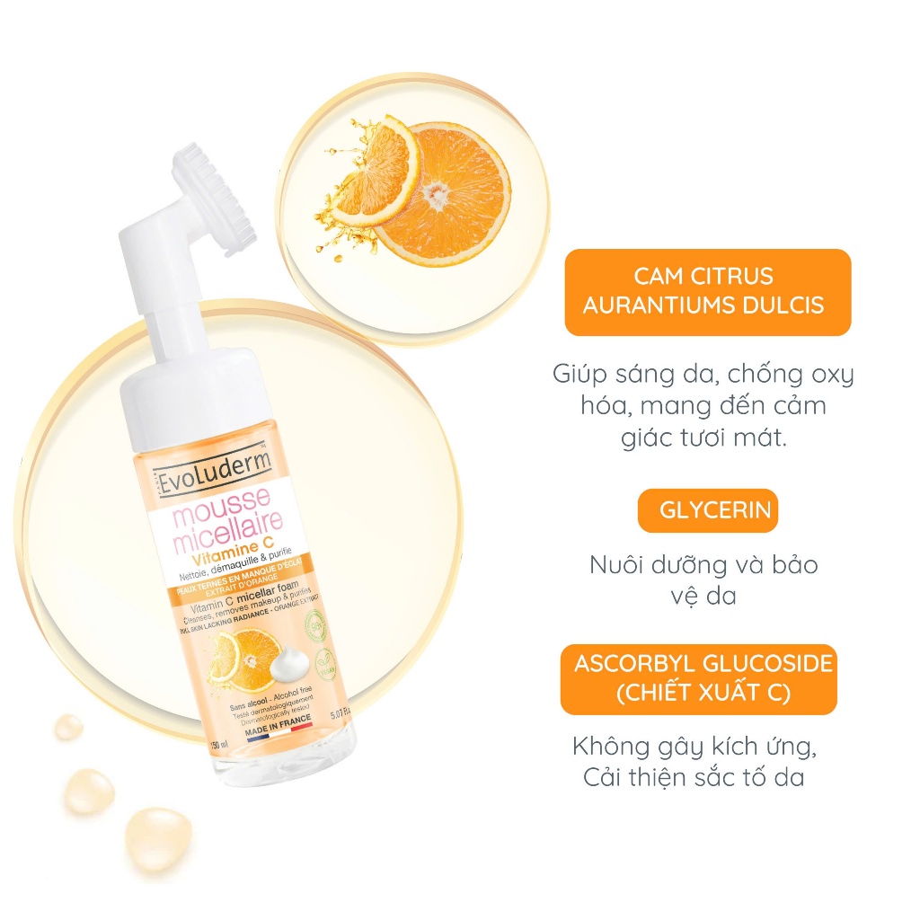[Live] Sữa rửa mặt tạo bọt EVOLUDERM VITAMIN C MICELLAR FOAM giúp làm sạch bụi bẩn trên da 150ml